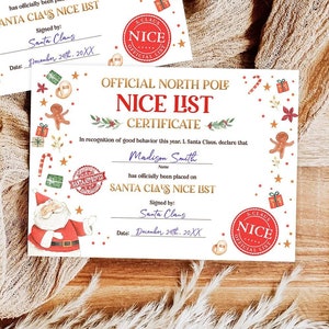 Certificato di lista ufficiale dei buoni di Babbo Natale modificabile Lettera dalla scrivania Babbo Natale Vigilia di Natale Polo Nord Corjl Modello stampabile 0358