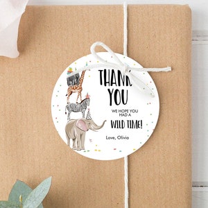 Editable Party Animals Favor tags Wild One Animals Thank you tag Round Squared Safari Animals Zoo Birthday Wild Time Stickers Zoo Corjl 0142