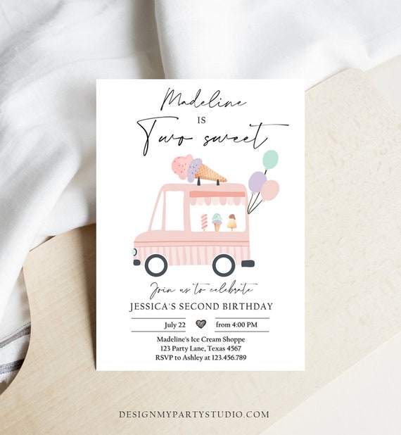 Editable Ice Cream Truck Birthday Invitation Ice Cream Two Sweet Modern 2nd Birthday Party Two Second Download Printable Template Corjl 0415 Il_570xn
