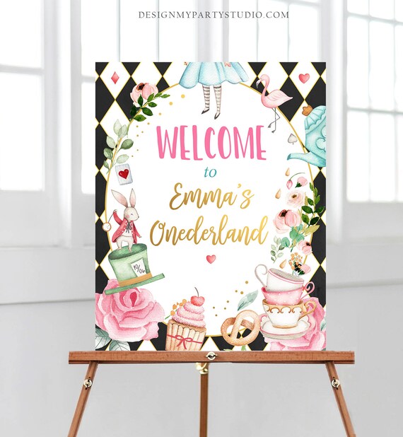 Editable Alice in Wonderland Welcome Sign Alice in Onederland Birthday Sign Girl Pink Mad Tea Party Shower Template Corjl PRINTABLE 0350 Il_570xn