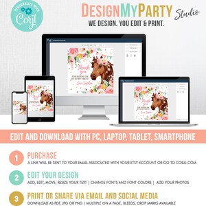 Puede incluir: Una plantilla de dise&ntilde;o digital para una tarjeta de agradecimiento con un fondo floral rosa y un caballo marr&oacute;n con una corona de flores rosa. El texto de la tarjeta dice "&iexcl;Gracias por venir a mi fiesta! Con cari&ntilde;o, Sophia".