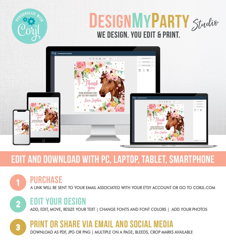Puede incluir: Una plantilla de dise&ntilde;o digital para una tarjeta de agradecimiento con un fondo floral rosa y un caballo marr&oacute;n con una corona de flores rosa. El texto de la tarjeta dice "&iexcl;Gracias por venir a mi fiesta! Con cari&ntilde;o, Sophia".