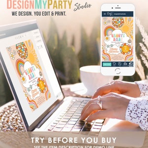 May include: A digital design for a baby shower invitation with a groovy theme. The invitation features a rainbow, a sun, a peace sign, and a disco ball. The text on the invitation reads "Groovy Baby" and "Join us for a Baby Shower Celebrating".