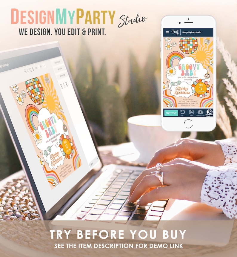 May include: A digital design for a baby shower invitation with a groovy theme. The invitation features a rainbow, a sun, a peace sign, and a disco ball. The text on the invitation reads "Groovy Baby" and "Join us for a Baby Shower Celebrating".