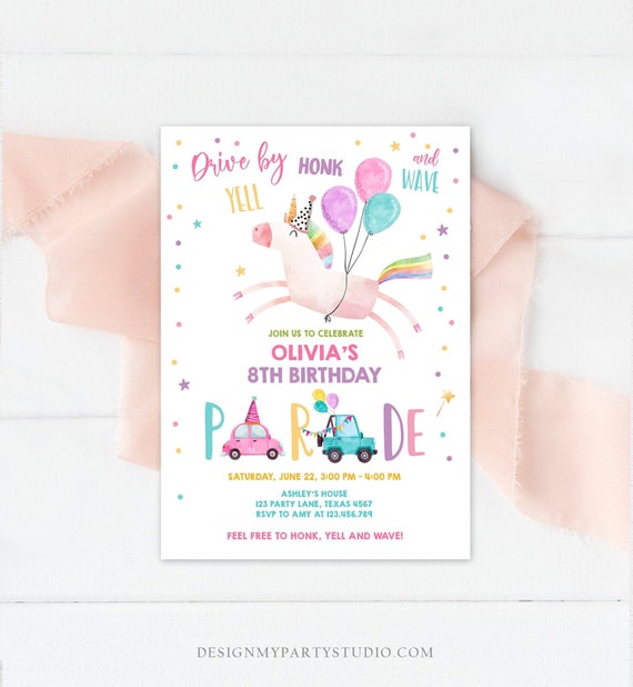 Editable Unicorn Drive By Birthday Parade Invitation Virtual Party Invite Honk Wave Car Girl Pink Quarantine Download Digital Corjl 0336 Il_570xn