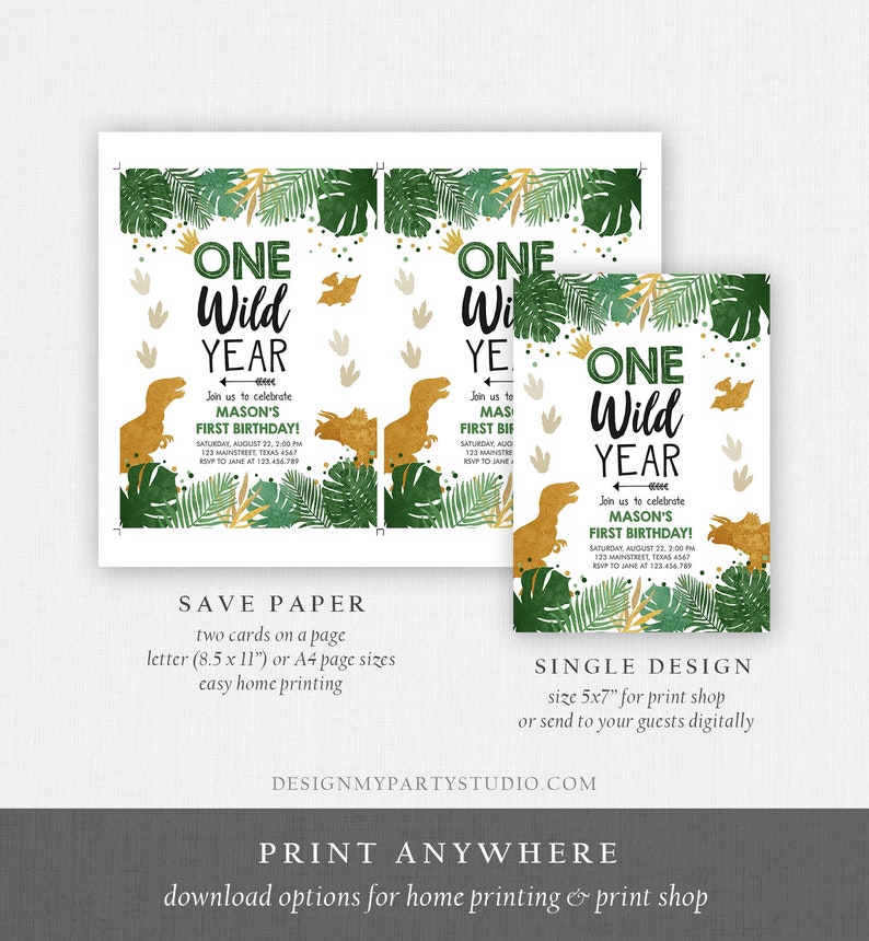 Editable One Wild Year Birthday Invitation Gold Dinosaur Dino Party Boy First Birthday 1st Wild One Party Corjl Template Printable 0146 image 5