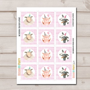 May include: Printable party favor tags featuring a pink and white gingham background with illustrations of farm animals wearing party hats. The animals include a pig, a cow, and a sheep.
