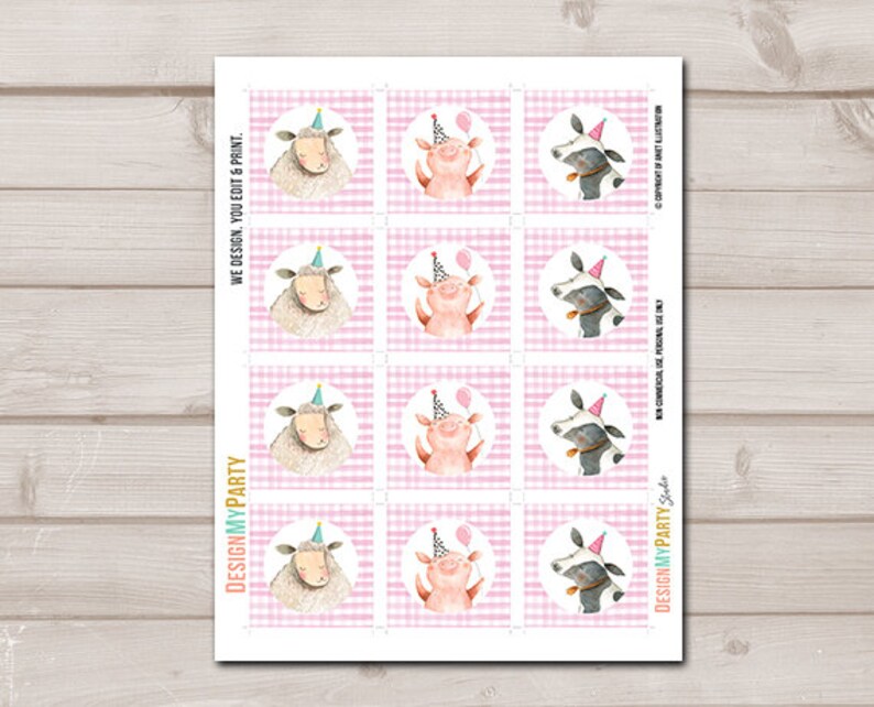 May include: Printable party favor tags featuring a pink and white gingham background with illustrations of farm animals wearing party hats. The animals include a pig, a cow, and a sheep.