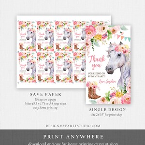 Puede incluir: Etiquetas de agradecimiento imprimibles con un caballo blanco con una corona de flores rosas y botas de vaquero marrones. El texto dice "Gracias por venir a mi fiesta! Con cari&ntilde;o, Sophia".