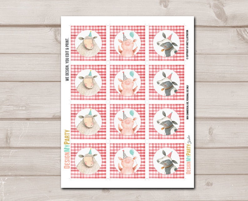 May include: Printable party favor tags featuring a red and white gingham background with farm animal illustrations wearing party hats. The animals include a pig, a cow, and a sheep.