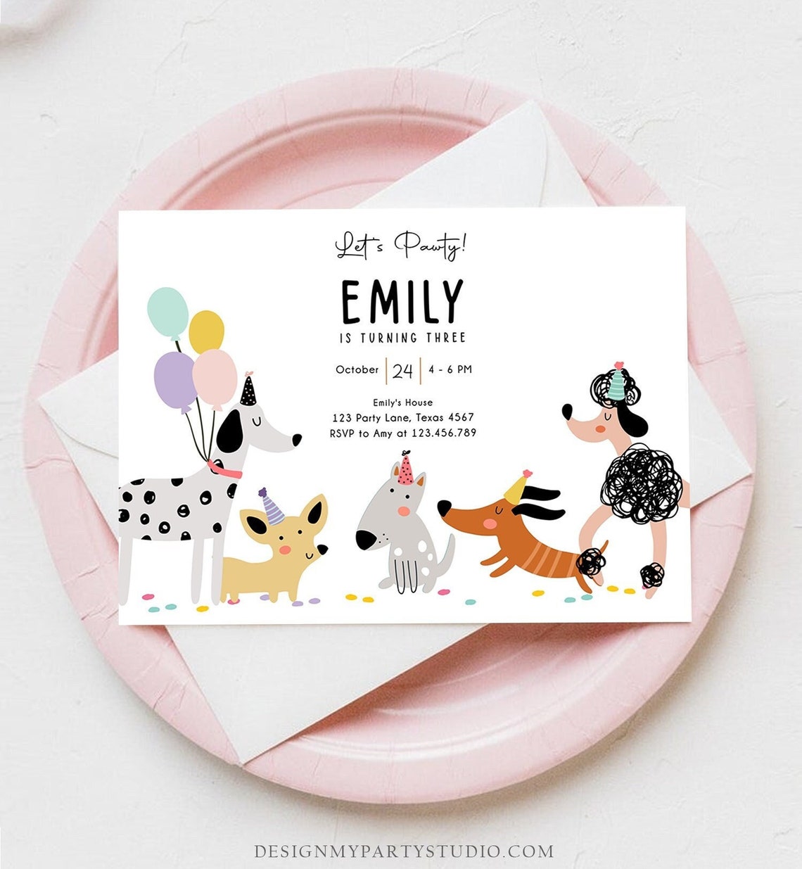 Editable Dog Birthday Party Invitation Puppy Birthday Invite Pink Girl ...