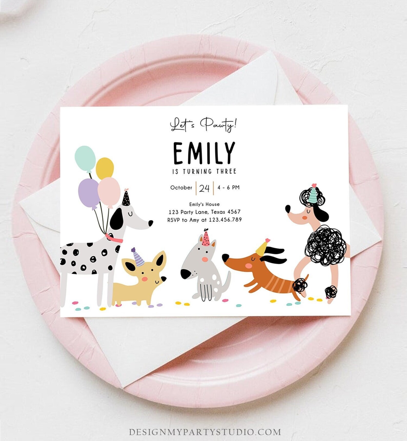 Editable Dog Birthday Party Invitation Puppy Birthday Invite Pink Girl ...