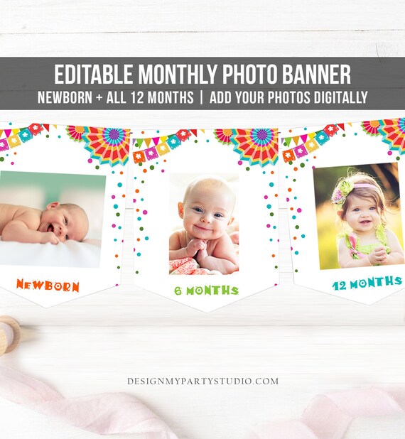 Editable Fiesta Monthly Photo Banner First Birthday Banner Boy Girl Fiesta Birthday Mexican Cactus Maraca Decor Summer Corjl Template 0045 Il_570xn
