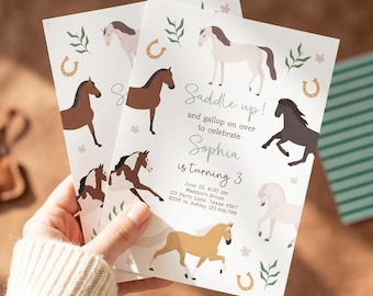May include: A white rectangular invitation card featuring illustrations of various horses, horseshoes, and green leaves. The text reads: Saddle up! and gallop on over to celebrate Sophia is turning 3, June 22, 4:00 pm, Maddox's House, 123 Party Lane, Texas 4567, RSVP to Ashley 123.456.789.