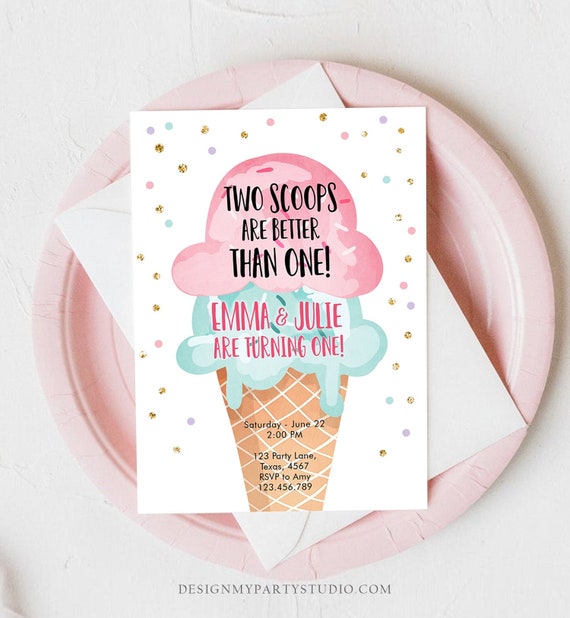 Editable Double the Scoops Twin Birthday Ice Cream Invitation -   Portugal