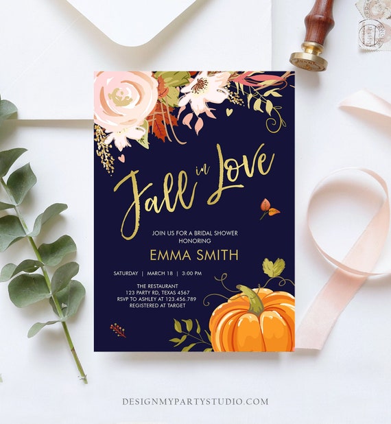 Editable Fall in Love Bridal Shower Invitation Pumpkin Autumn Floral Flowers Pink Gold Rustic Party Engagement Navy Blue Corjl Template 0176 Il_570xn