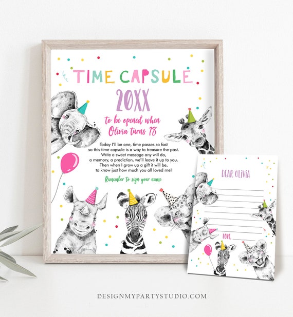Editable Party Animals Time Capsule Girl Pink First Birthday Wild One First Birthday Party Zoo Safari Animals Jungle Corjl Template 0390 Il_570xn