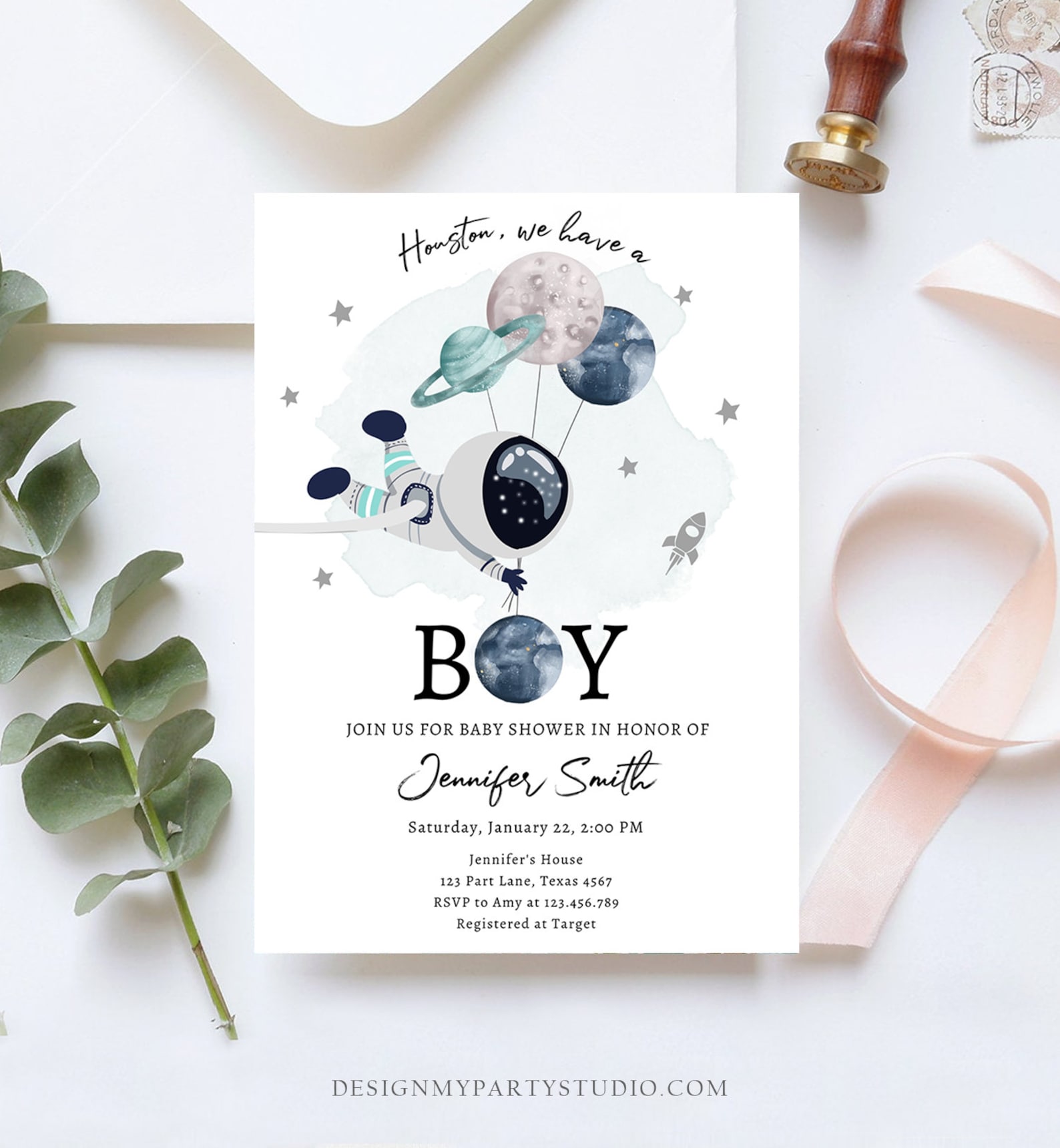 Editable Space Astronaut Baby Shower Invitation Galaxy Houston Etsy