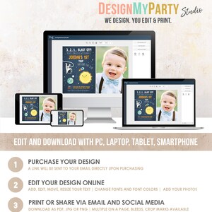 May include: Editable digital invitation for a 1st birthday party with a space theme. The invitation features a cartoon astronaut, planets, and a sun. The text on the invitation reads "3...2...1... BLAST OFF! Please join us as we celebrate Jordan's 1st Trip Around the Sun".