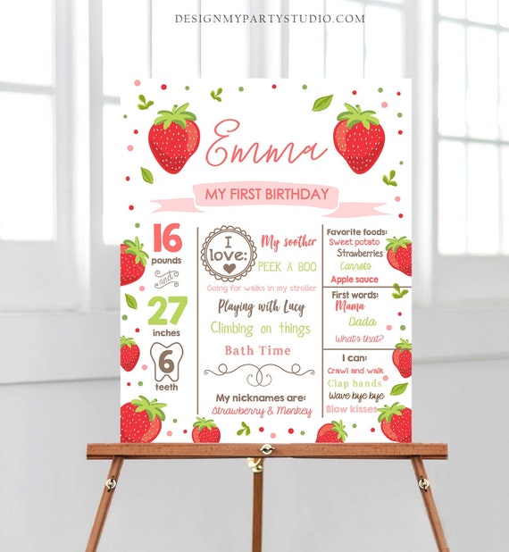 Editable Birthday Milestones Sign Strawberry First Birthday Girl Pink Red Strawberry Decor Summer Download Template Printable Corjl 0091 Il_570xn