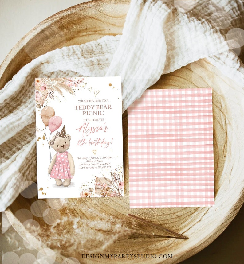 May include: A pink and gold invitation for a teddy bear picnic to celebrate a girl's 6th birthday. The invitation features a cartoon teddy bear wearing a pink dress and a party hat, holding balloons. The text on the invitation reads "You're invited to a Teddy Bear Picnic to celebrate Alyssa's 6th birthday!" and includes the date, time, and location of the party.