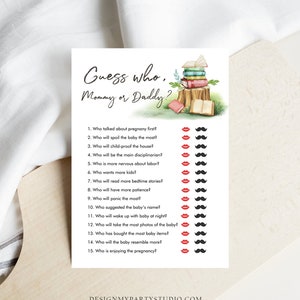 May include: A printable game card with the text "Guess who, Mommy or Daddy?" and a list of 15 questions about pregnancy and parenting. Each question has a red lipstick icon and a black mustache icon for players to choose from.