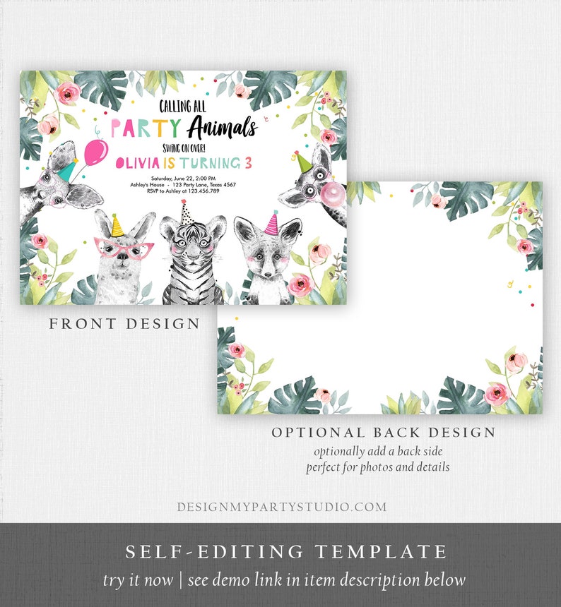 Editable Party Animals Birthday Invitation Exotic Wild Animals Invitation Zoo Safari Animals Girl Download Printable Template Corjl 0322 image 5