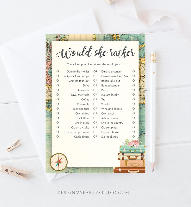 Editable Would She Rather Bridal Shower Game Travel Would the Bride Wedding Shower Activity Vintage Map Party Corjl Template Printable 0044 image 1