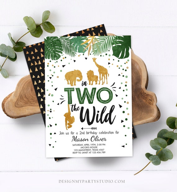 Editable In Two The Wild Birthday Invitation Boy Second Birthday Safari Animals Jungle Green Gold 2nd Download Corjl Template Printable 0016 Il_570xn