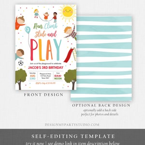 Puede incluir: Una colorida invitaci&oacute;n de cumplea&ntilde;os con tem&aacute;tica de parque infantil. El dise&ntilde;o frontal presenta ilustraciones de ni&ntilde;os jugando, un sol y las palabras "Run, Climb, Slide and PLAY". El dise&ntilde;o posterior tiene rayas azules claras y blancas. La invitaci&oacute;n es para el 3er cumplea&ntilde;os de Jacob.