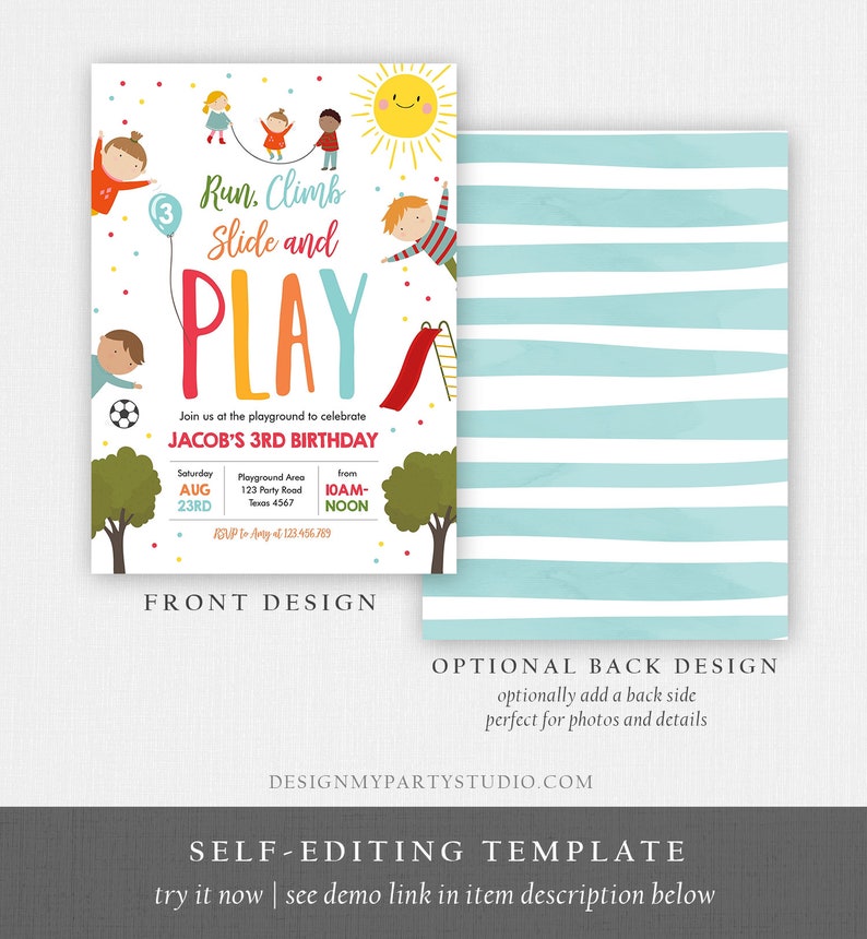 Puede incluir: Una colorida invitaci&oacute;n de cumplea&ntilde;os con tem&aacute;tica de parque infantil. El dise&ntilde;o frontal presenta ilustraciones de ni&ntilde;os jugando, un sol y las palabras "Run, Climb, Slide and PLAY". El dise&ntilde;o posterior tiene rayas azules claras y blancas. La invitaci&oacute;n es para el 3er cumplea&ntilde;os de Jacob.