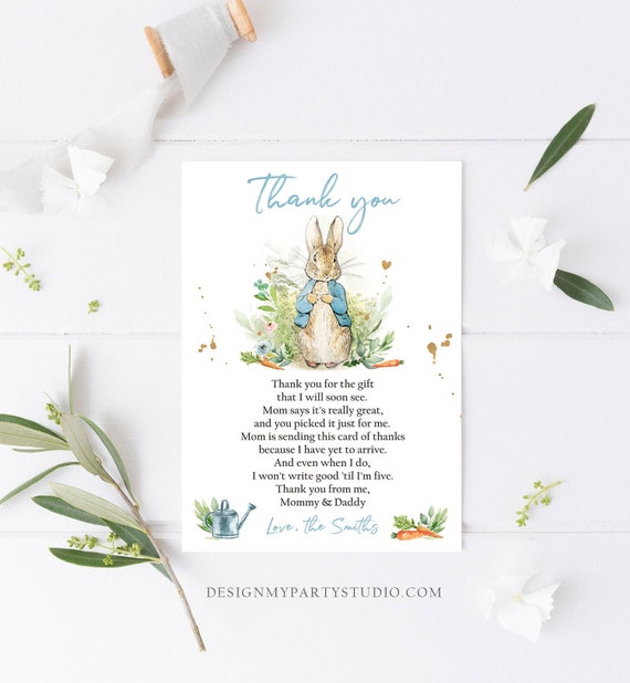 Editable Peter Rabbit Baby Shower Thank You Card Boy Blue Rustic Peter