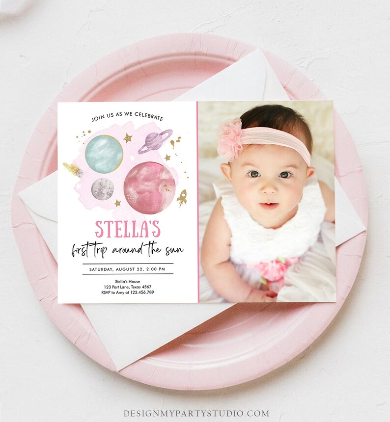 Editable Outer Space Girl First Birthday Invitation Galaxy Blast Off First Trip Around the Sun Pink Download Printable Template Corjl 0357 image 1