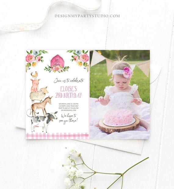 Editable Farm Birthday Invitation Girl Farm Animals Pink Floral Barnyard Party Download Printable Invitation Template Digital Corjl 0155 Il_570xn