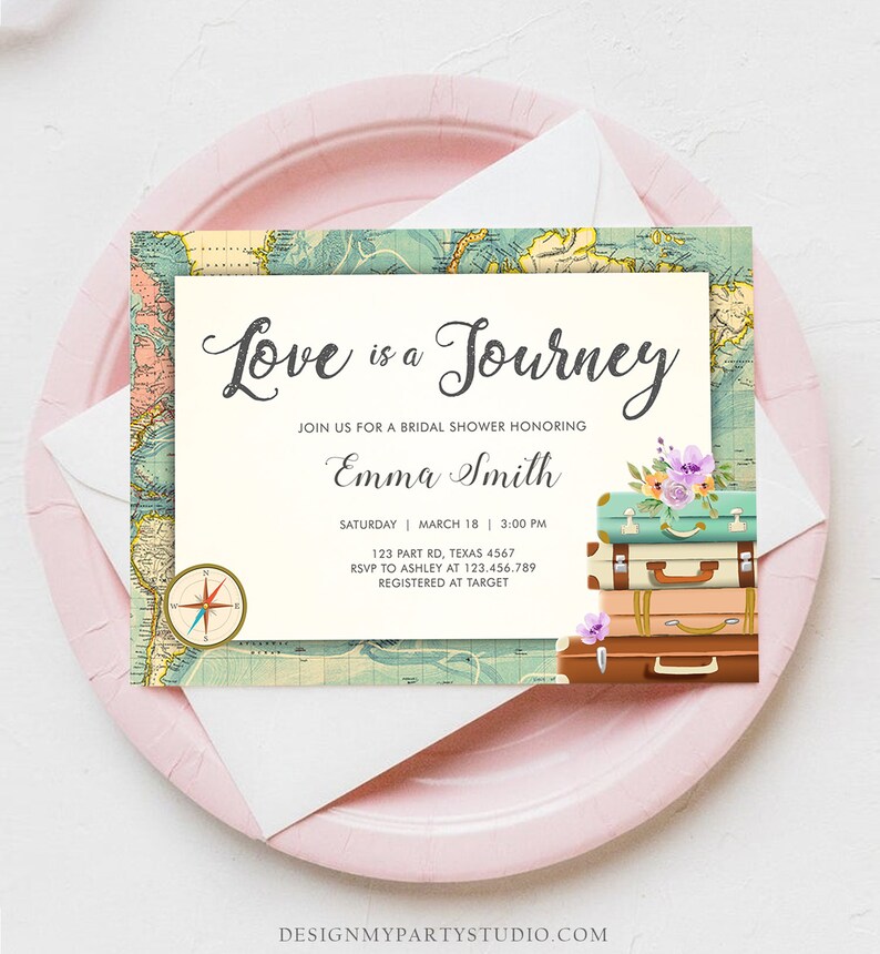 Editable Love is a Journey Bridal Shower Invitation World Map Suitcase Vintage Adventure Purple Lilac Floral Template Corjl Printable 0044 image 4