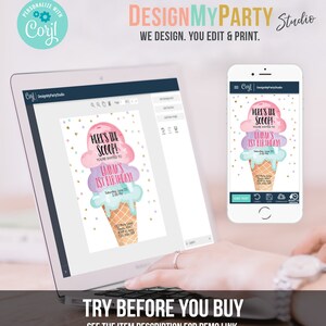 Editable Ice Cream Birthday Invitation First Birthday Party Here's the Scoop Cone Pink Mint Gold Purple Printable Template Corjl 0243 image 6