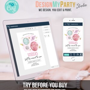 May include: A digital invitation template for a first birthday party with a space theme. The invitation features a pink and blue watercolor illustration of planets and stars. The text on the invitation reads "Stella's First Trip Around the Sun".