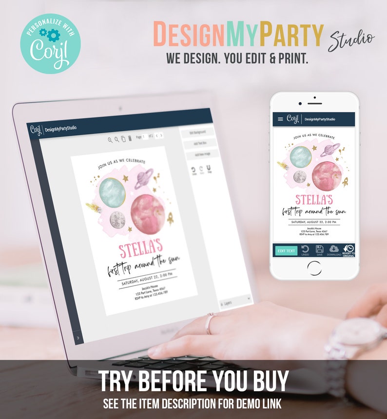May include: A digital invitation template for a first birthday party with a space theme. The invitation features a pink and blue watercolor illustration of planets and stars. The text on the invitation reads "Stella's First Trip Around the Sun".