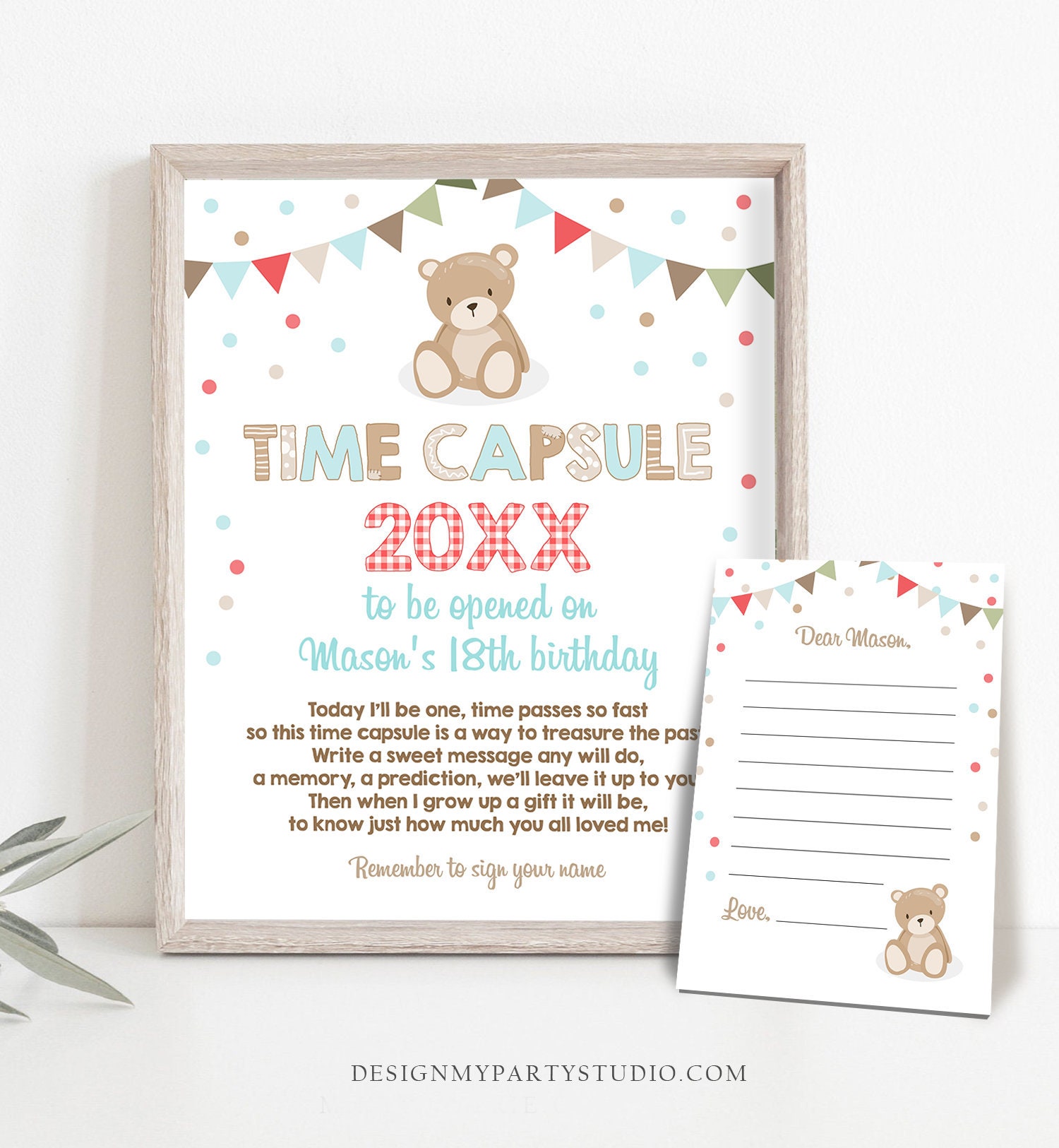 Editable Teddy Bear Time Capsule First Birthday Party Game Picnic Party ...