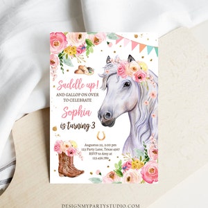 May include: A pink and white horse birthday party invitation with a floral wreath around the horse's head. The invitation says "Saddle up! And gallop on over to celebrate Sophia is turning 3".