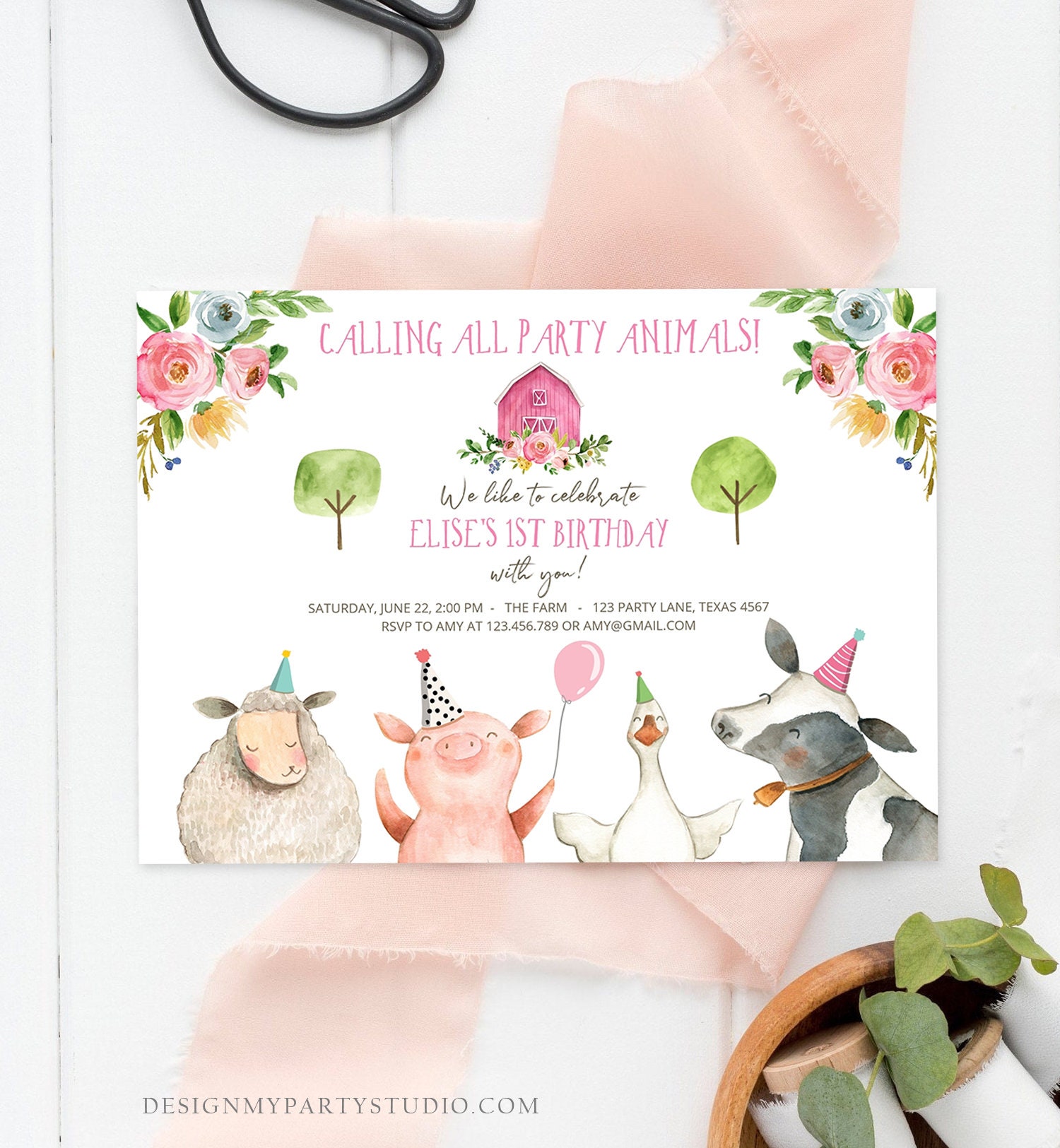 Editable Farm Birthday Invitation Girl Farm Animals Pink Etsy