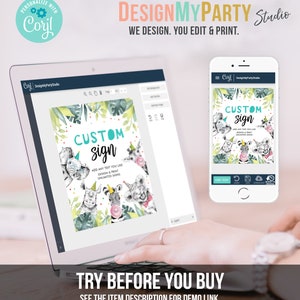 May include: A laptop and smartphone display a custom sign design with the text "CUSTOM sign." The design features watercolor illustrations of animals with party hats and bubblegum. The text "TRY BEFORE YOU BUY" is at the bottom.