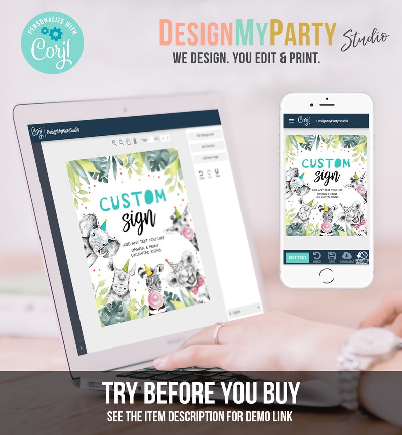 May include: A laptop and smartphone display a custom sign design with the text "CUSTOM sign." The design features watercolor illustrations of animals with party hats and bubblegum. The text "TRY BEFORE YOU BUY" is at the bottom.