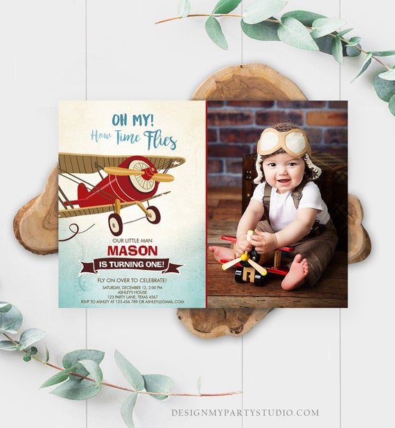 Editable Airplane Birthday Invitation Oh My How Time Flies Vintage Plane Sky 1st Red Biplane Aircraft Wing Download Corjl Template 0011 Il_570xn