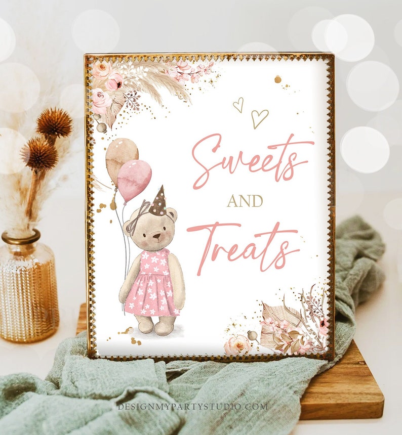 Sweets and Treats Sign Boho Teddy Bear Birthday Sign Bear-y First Birthday Favors Table Sign Treats Table Bear Picnic Decor PRINTABLE 0421 image 1