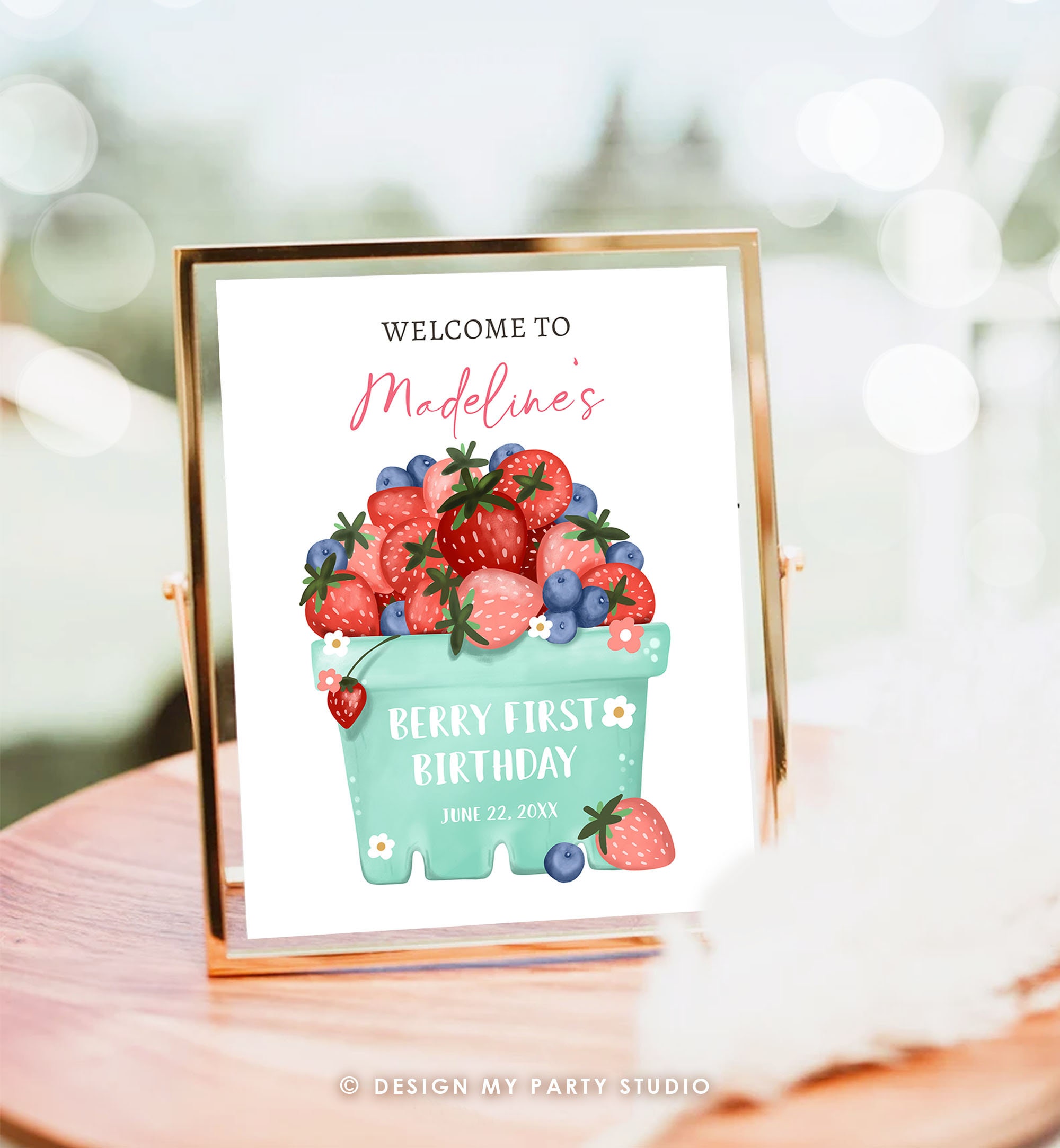 Editable Berry First Birthday Welcome Sign Strawberry Blueberry Party ...
