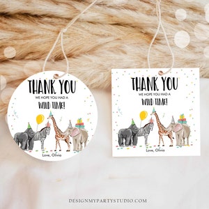 Editable Party Animals Favor tags Wild One Animals Thank you tag Safari Animals Zoo Birthday Wild Time  Stickers Zoo Template Corjl 0142