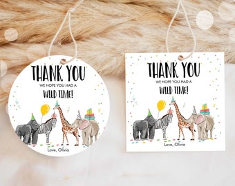 Editable Party Animals Favor tags Wild One Animals Thank you tag Safari Animals Zoo Birthday Wild Time  Stickers Zoo Template Corjl 0142