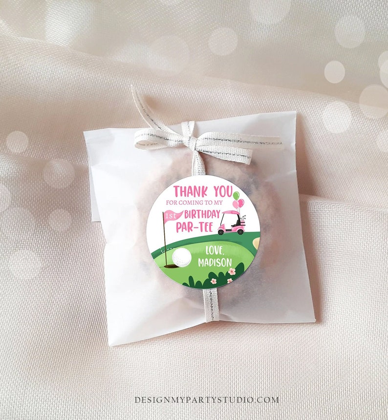 Editable Golf Favor Tags Golf Thank You Par-tee Stickers Golfing Birthday Hole in One 1st Birthday Girl Pink Download Corjl Template 0405 image 1