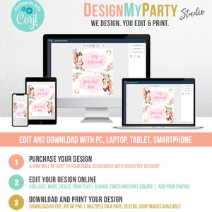 K&ouml;nnte beinhalten: Ein rosa-goldenes, druckbares Party-Design mit einem Pferd mit einem Blumenkranz und dem Text "Pony Party" und "Ihr Text hier". Das Design kann online bearbeitet und heruntergeladen werden.